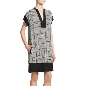 Vince V-Neck Pocketed Silk Shift Dress XS Dot Grid Pattern in Black & White
